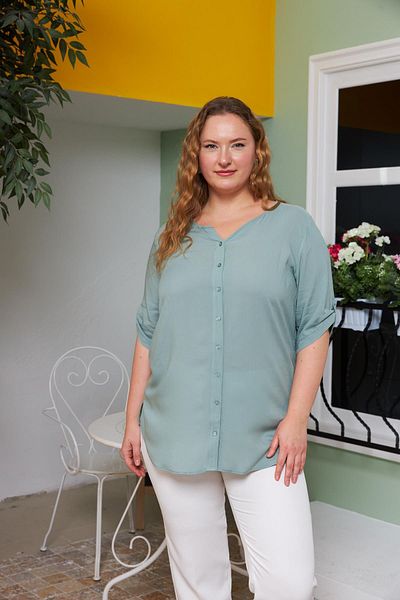 RMG Sleeve Detailed Voile Viscose Large Size Shirt Green