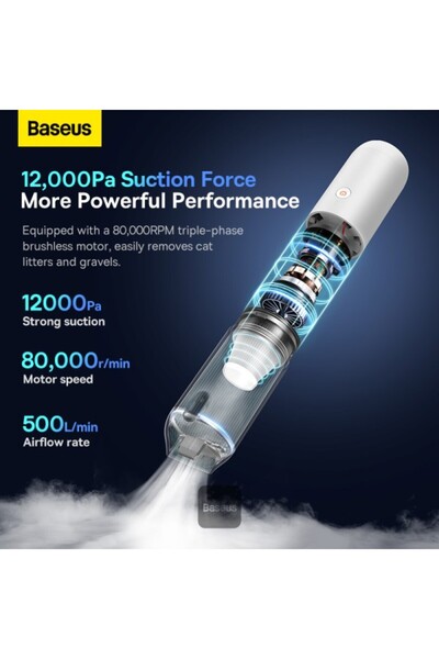 Baseus مكنسة كهربائية للسيارة A3lite بقوة 12000 باسكال - بيضاء