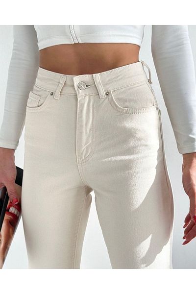 ByCukurovaFrango Women's Beige High Waist Mom Lycra Jeans 2024