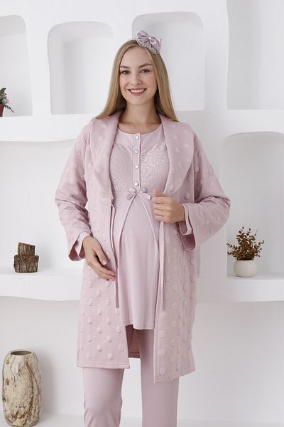 ERDENİZ TEKSTİL Maternity Pajama Set Dressing Gown Quilted Fabric Suitable for Breastfeeding and Hijab 3 Pieces