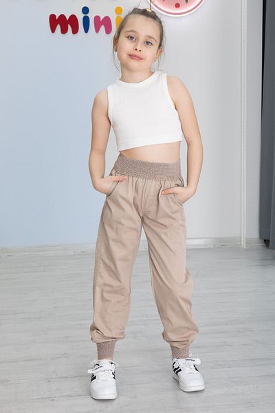 Cansın Mini Beige Girl's Pants with Ribbed Waist and Legs 20479