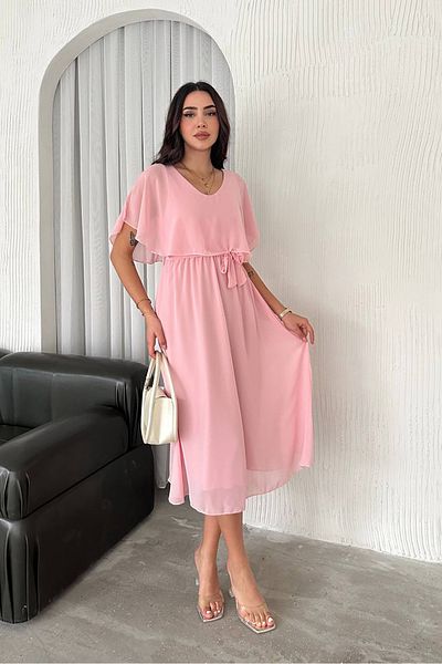 Neşeli Butik γυναικείο φόρεμα σιφόν με ζώνη midi μήκους NBK4116