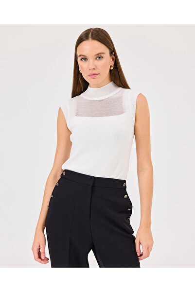 SEÇİL Transparan Detaylı Dik Yaka Triko Bluz