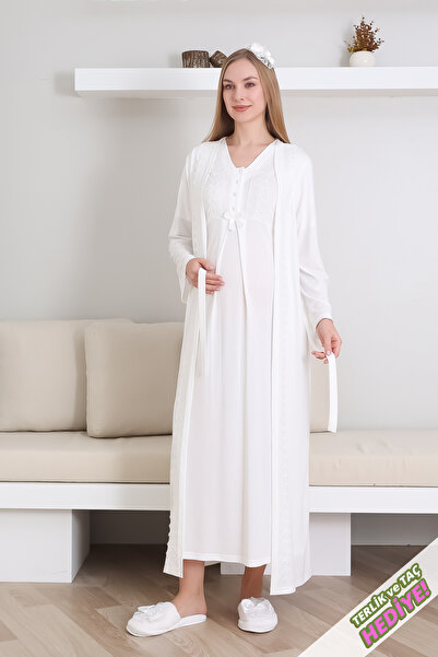 ERDENİZ TEKSTİL Hamile Gecelik Takımı Sabahlıklı V yakalı Dantel Detaylı 2'li...