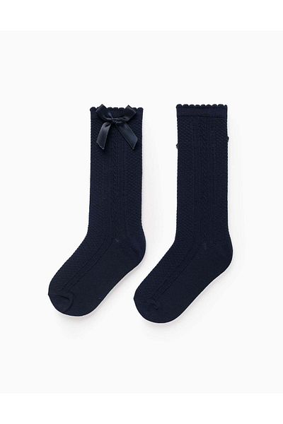 Ziddy High Socks with Satin Bow for Girls, Dark Blue