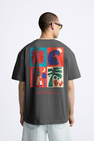 GIA - ART Ανδρικό μπλουζάκι με λαιμόκοψη Afraid Of Real World με στάμπα καπνι...