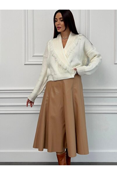 Maldia Shop Women's Double Breasted Design Collar Tassel Detail White Sweater