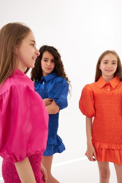 Hilal Akıncı Kids Kız Çocuk Balon Kollu Gipe Beden Fırfırlı Elbise