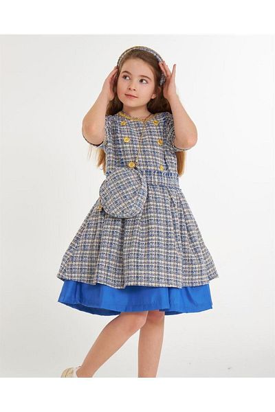 Hilal Akıncı Kids Κορίτσια Chanel υφασμάτινη φούστα με χρυσά κουμπιά με επένδυση μέσα από Tutu φόρεμα τσάντα στέμμα μαλλιών Σετ 3 τεμαχίων