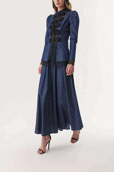 SOCIETA Navy Blue Accessory Detailed Blouse and Skirt Denim Set12318