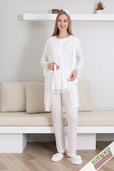 ERDENİZ TEKSTİL Hamile Pijama Takımı Düğmeli Dantel Şeritli Emzirme / Tesettür İçin Uygun / Terlik ve Taç Hediyeli