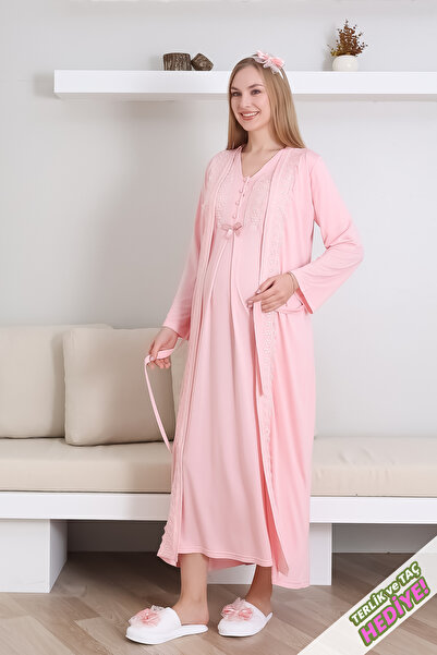 ERDENİZ TEKSTİL طقم ثوب نوم للحوامل مع ثوب نوم ورقبة على شكل حرف V وتفاصيل دا...