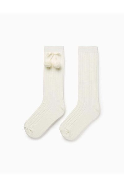 Ziddy High Socks with Pompons for Girls, White