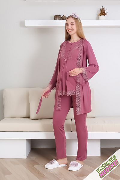 ERDENİZ TEKSTİL Maternity Pajama Set Buttoned Lace Trimmed Suitable for Breastfeeding / Hijab / Slippers and Crown
