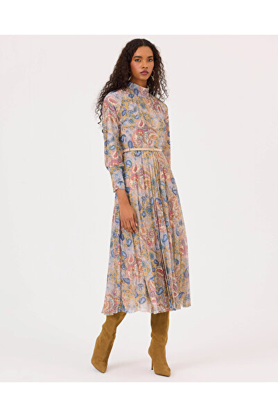 SEÇİL Dik Yaka Kemerli Midi Boy Elbise