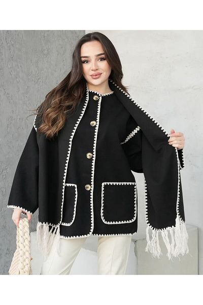 Famel Butik Embroidery Detailed Scarf Soft Stitch Cardigan Jacket Black