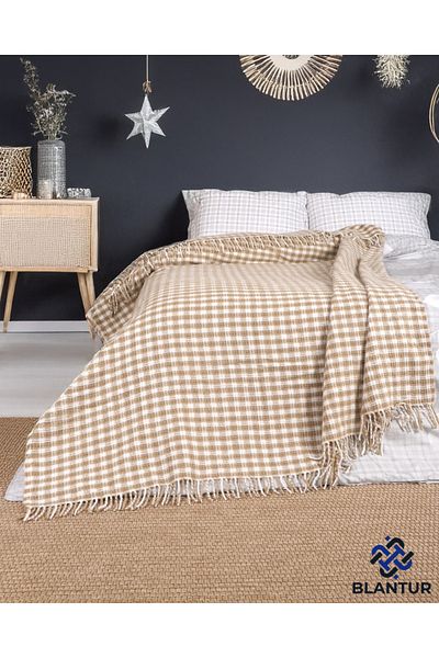 BLANTUR Single Checkered Patterned Cotton Blanket with Fringes - 150X200 cm