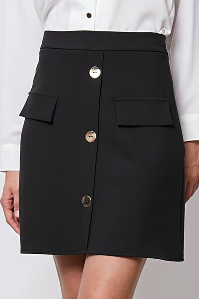 MissThetis Kapaklı Cep Görünümlü Yüksek Bel Fermuarlı Önü Düğmeli Diz Üstü Kı...