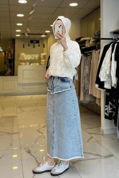 Vosse Mavi Cep Detaylı Kot Etek