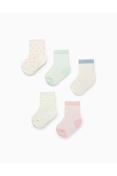 Ziddy Pack of 5 Pairs of Socks for Baby Girls 'Stripes, Hearts & Polka Dots', White