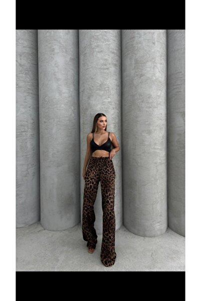 Green'DAL Kadın Leopar Desenli Geniş Paça Lıkralı Bel Lastikli Palazzo Pantolon