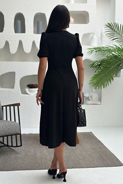 Ded COLLECTION Női, rövid ujjú, tűzött masni kiegészítőkkel, divatos derékra vágott midi hosszúságú kreppruha