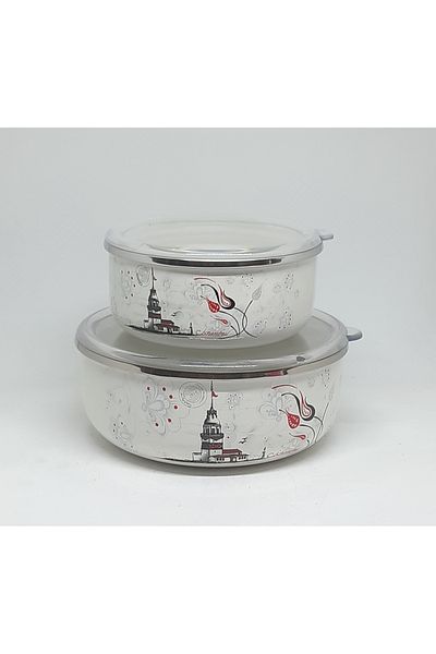 Avşar Enamel House 14-18 cm Double Decorated Plastic Vacuum Lid Enamel Storage Container