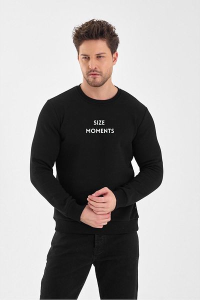 FİHA /2048-Male Printed Ribbed Zero Collar Sweat - Black
