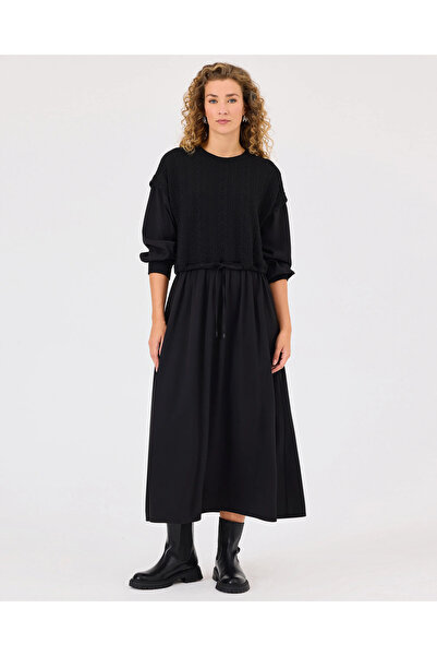 SCL Yuvarlak Yaka Beli Bağcıklı Elbise