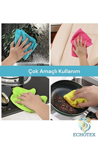 ECHOTEX (12 ADET) 40x40 Cm Mikrofiber Mutfak Ve Genel Temizlik Bezi, Yumuşak Doku Hızlı Kurulama&İz Bırakmaz