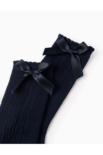 Ziddy High Socks with Satin Bow for Girls, Dark Blue