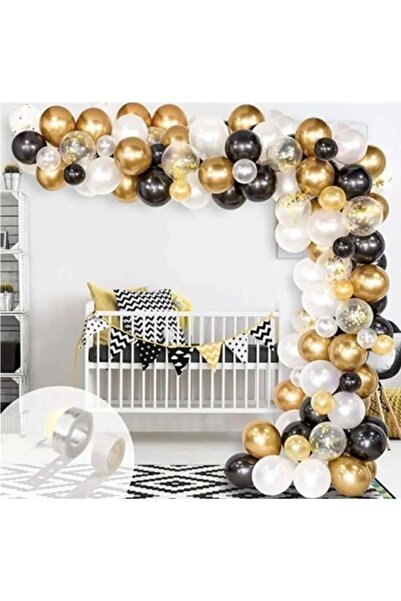 Onay Store 50 Adet Siyah Beyaz Gold Konfetili Balon Seti - Doğum Günü Süsleri...