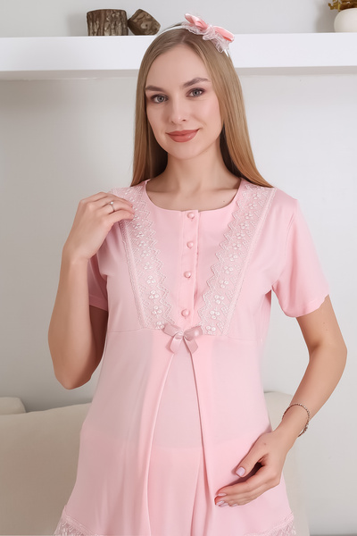 ERDENİZ TEKSTİL Hamile Pijama Takımı Düğmeli Dantel Şeritli Emzirme / Tesettür İçin Uygun / Terlik ve Taç