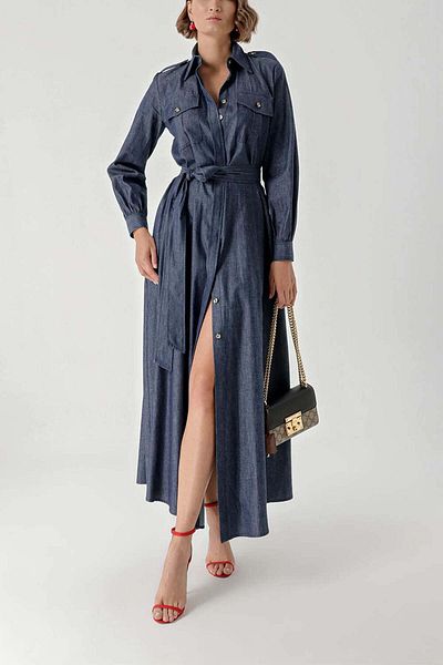 SOCIETA Navy Blue Long Denim Dress with Snap Detail 94270