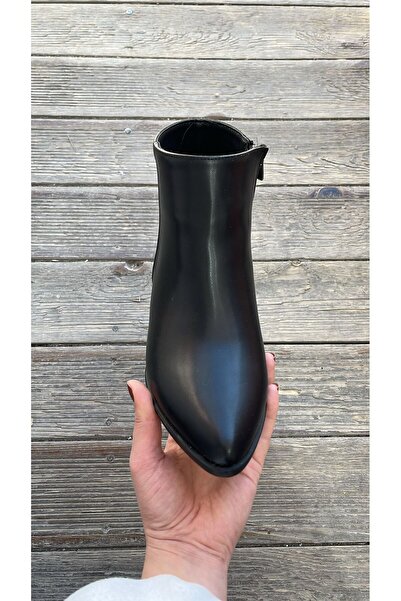 MİSS PARK MODA Park Moda Kadın Siyah Sivri Burun Buti Kalın Kısa Topuklu Fermuarlı Günlük Casual Yarım Bot