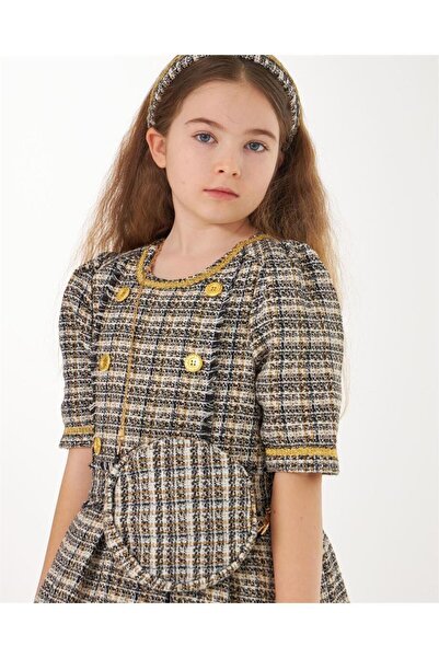 Hilal Akıncı Kids Kız Çocuk Kumaş Gold Düğmeli Etek Içi Astarlı Tütülü Elbise Çanta Saç Tacı 3'lü Takım