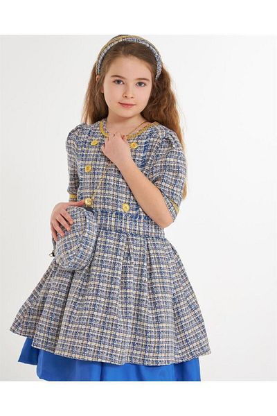 Hilal Akıncı Kids Κορίτσια Chanel υφασμάτινη φούστα με χρυσά κουμπιά με επένδυση μέσα από Tutu φόρεμα τσάντα στέμμα μαλλιών Σετ 3 τεμαχίων
