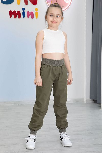 Cansın Mini Khaki Waist and Ribbed Leg Girls' Trousers 20478