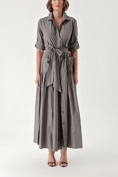 SOCIETA Dark Grey Gathered long taffeta shirt dress 94354
