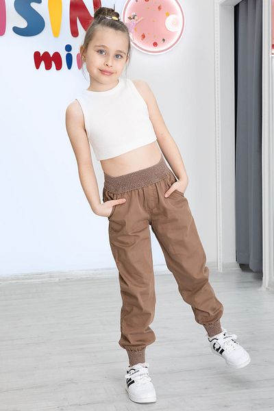 Cansın Mini Brown Girl's Ribbed Waist and Leg Trousers 20476
