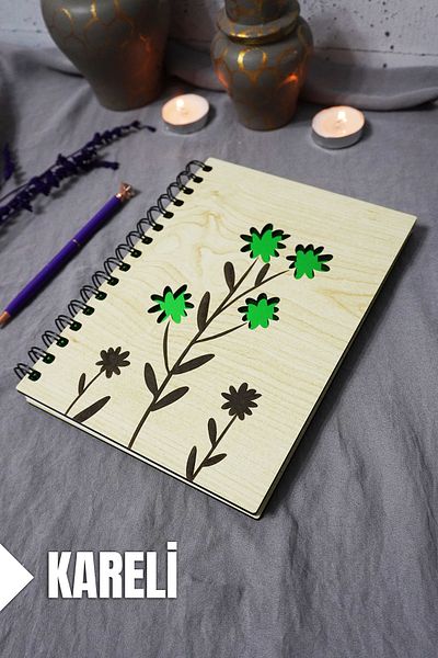 markcat Caiet din lemn cu model floral - Caiet în carouri - Agenda - Caiet școlar (A5 - 120 coli)