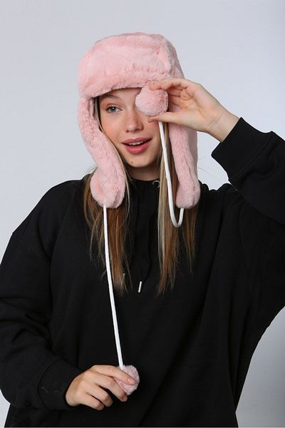 Luminos Butik Pink Plush Hat - Beanie with Pompom and Fur, Headphones Beanie1103