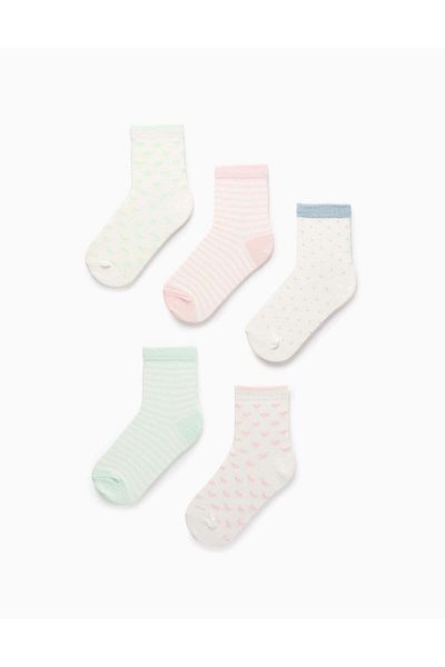 Ziddy Pack of 5 Pairs of Socks for Girls 'Stripes, Hearts & Polka Dots', White