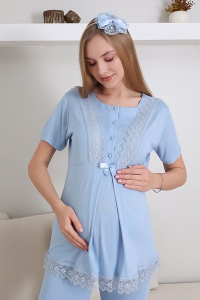 ERDENİZ TEKSTİL Set pijamale de maternitate - dungi din dantela cu nasturi potrivite pentru alaptare/hijab - cu papuci si cadou coroana