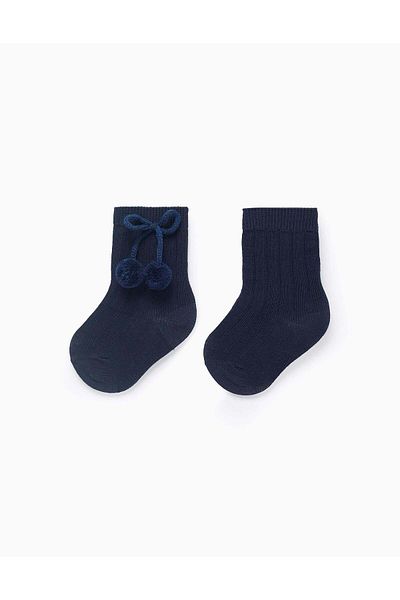 Ziddy High Socks with Pompons for Baby Girls, Dark Blue