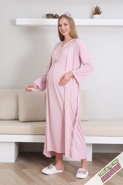 ERDENİZ TEKSTİL طقم ثوب نوم للحوامل مع ثوب نوم ورقبة على شكل حرف V وتفاصيل دانتيل مكونة من قطعتين للرضاعة الطبيعية / شبشب وتاج هدية