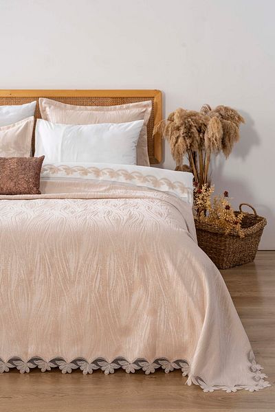 Rivaİstanbul İlay Mink Embroidered Double Duvet Cover Pique Set - 8 Piece Dowry Set