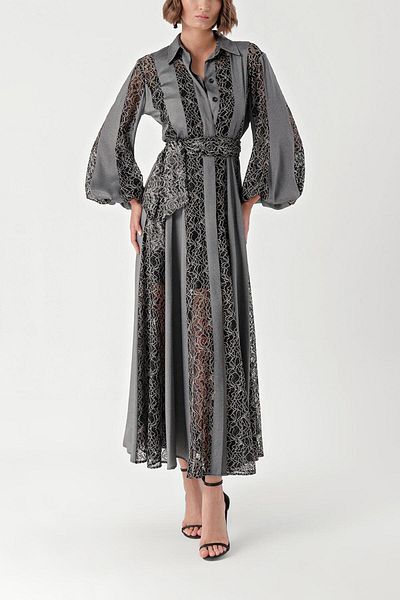 SOCIETA Gray Black Lace detailed long shirt dress 94342