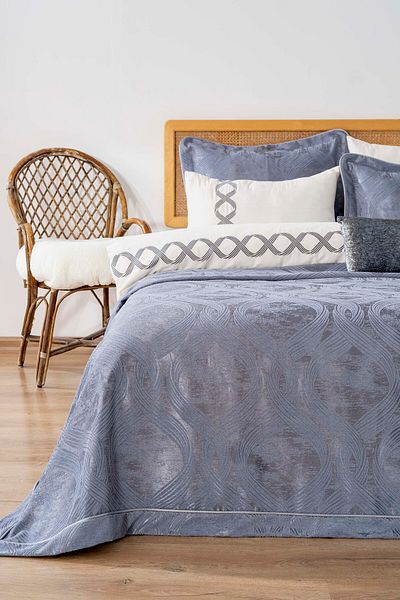 Rivaİstanbul Asian Blue Embroidered Double Duvet Cover Pique Set - 8 Piece Dowry Set