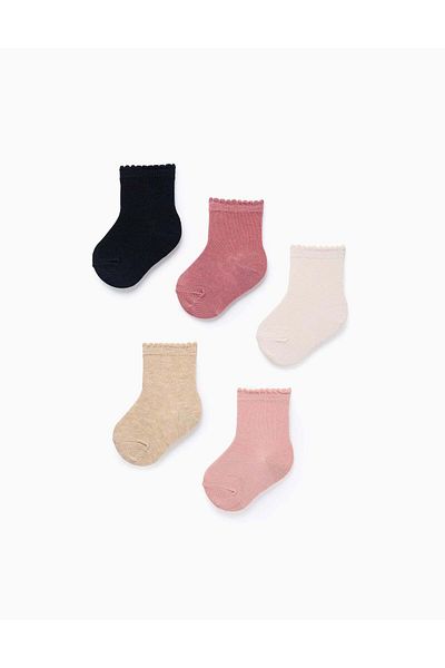 Ziddy Pack of 5 Pairs of Socks for Baby Girls, Pink/Beige/Blue